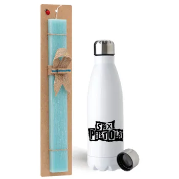 Sex Pistols, Easter Set, metallic stainless steel water bottle (750ml) & aromatic flat Easter candle (30cm) (TURQUOISE)