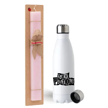 Sex Pistols, Easter Set, metallic stainless steel water bottle (750ml) & scented flat Easter candle (30cm) (PINK)