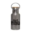 Stainless steel metallic thermos flask, silver with a bamboo lid, double-walled, 350ml.