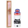 Easter Set, Children's thermal stainless steel water bottle with safety straw, pink/purple (350ml) & Easter scented flat candle (30cm) (PINK)