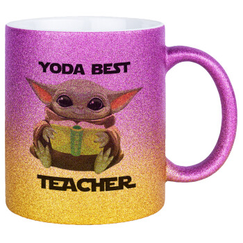 Yoda Best Teacher, Κούπα Χρυσή/Ροζ Glitter, κεραμική, 330ml