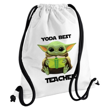 Yoda Best Teacher, Τσάντα πλάτης πουγκί GYMBAG λευκή, με τσέπη (40x48cm) & χονδρά κορδόνια
