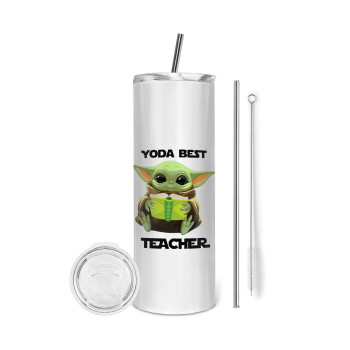 Yoda Best Teacher, Eco friendly ποτήρι θερμό (tumbler) από ανοξείδωτο ατσάλι 600ml, με μεταλλικό καλαμάκι & βούρτσα καθαρισμού