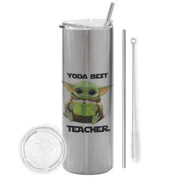 Yoda Best Teacher, Eco friendly ποτήρι θερμό Ασημένιο (tumbler) από ανοξείδωτο ατσάλι 600ml, με μεταλλικό καλαμάκι & βούρτσα καθαρισμού