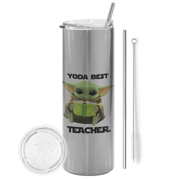 Yoda Best Teacher, Tumbler ποτήρι θερμό Ασημένιο από ανοξείδωτο ατσάλι 600ml, με μεταλλικό καλαμάκι & βούρτσα καθαρισμού