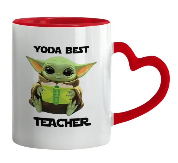 Yoda Best Teacher — Κούπα καρδιά χερούλι κόκκινη, κεραμική, 330ml