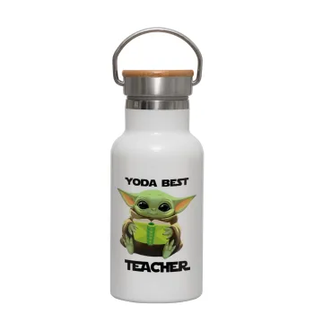 Yoda Best Teacher, Μεταλλικό παγούρι θερμός (Stainless steel) Λευκό με ξύλινο καπακι (bamboo), διπλού τοιχώματος, 350ml