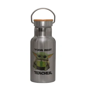Yoda Best Teacher, Stainless steel metallic thermos flask, silver with a bamboo lid, double-walled, 350ml.