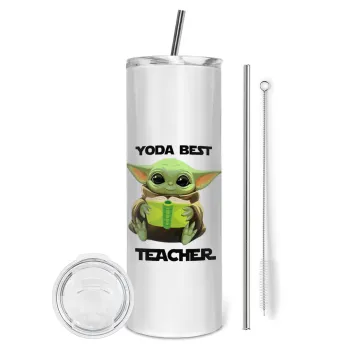 Yoda Best Teacher, Tumbler ποτήρι θερμό από ανοξείδωτο ατσάλι 600ml, με μεταλλικό καλαμάκι & βούρτσα καθαρισμού