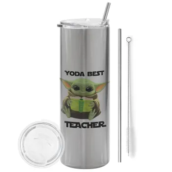 Yoda Best Teacher, Tumbler ποτήρι θερμό Ασημένιο από ανοξείδωτο ατσάλι 600ml, με μεταλλικό καλαμάκι & βούρτσα καθαρισμού