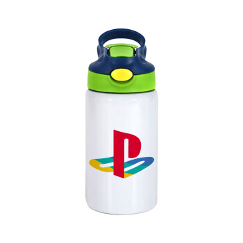 Playstation, Children's hot water bottle, stainless steel, with safety straw, green, blue (350ml)