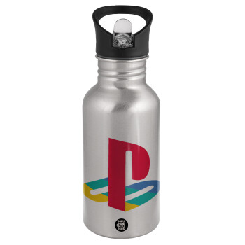 Playstation, Παγούρι νερού Ασημένιο με καλαμάκι, ανοξείδωτο ατσάλι 500ml