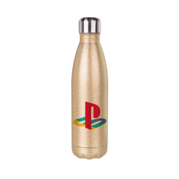 Playstation, Μεταλλικό παγούρι θερμός Glitter χρυσό (Stainless steel), διπλού τοιχώματος, 500ml