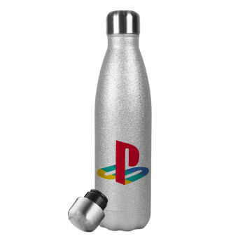 Playstation, Μεταλλικό παγούρι θερμός Glitter Aσημένιο (Stainless steel), διπλού τοιχώματος, 500ml