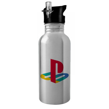 Playstation, Παγούρι νερού Ασημένιο με καλαμάκι, ανοξείδωτο ατσάλι 600ml