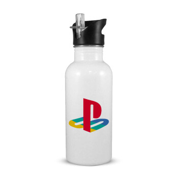 Playstation, White water bottle with straw, stainless steel 600ml