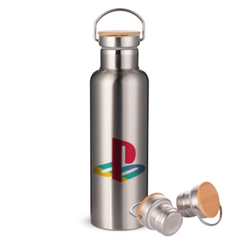 Playstation, Μεταλλικό παγούρι θερμός (Stainless steel) Ασημένιο με ξύλινο καπακι (bamboo), διπλού τοιχώματος, 750ml