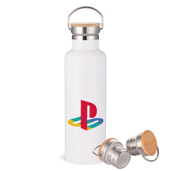 Playstation, Μεταλλικό παγούρι θερμός (Stainless steel) Λευκό με ξύλινο καπάκι (bamboo), διπλού τοιχώματος, 750ml