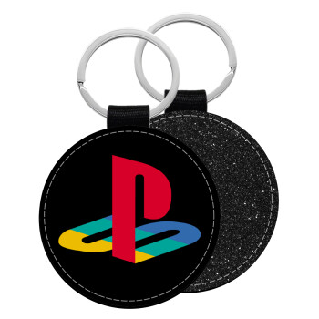 Playstation, Μπρελόκ Δερματίνη, στρογγυλό ΜΑΥΡΟ (5cm)