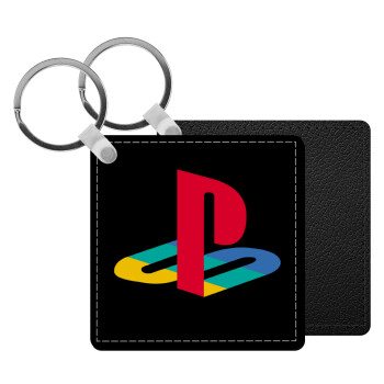 Playstation, Μπρελόκ Δερματίνη, τετράγωνο ΜΑΥΡΟ (5x5cm)