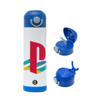 Playstation, Children's hot water bottle, stainless steel, with safety straw, BLUE (500ml)