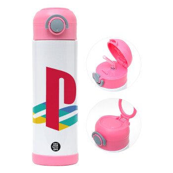 Playstation, Children's hot water bottle, stainless steel, with safety straw, PINK (500ml)