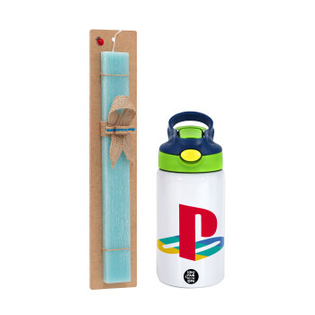 Playstation, Easter Set, Children's thermal stainless steel bottle with safety straw, green/blue (350ml) & aromatic flat Easter candle (30cm) (TURQUOISE)