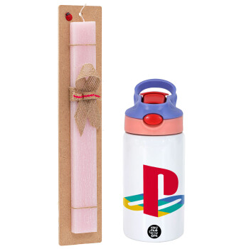 Playstation, Πασχαλινό Σετ, Παιδικό παγούρι θερμό, ανοξείδωτο, με καλαμάκι ασφαλείας, ροζ/μωβ (350ml) & πασχαλινή λαμπάδα αρωματική πλακέ (30cm) (ΡΟΖ)