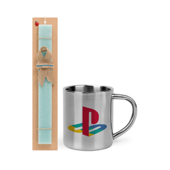 Playstation, Easter Set, metallic thermal cup (300ml) & aromatic flat Easter candle (30cm) (TURQUOISE)
