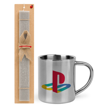 Playstation, Easter Set, metallic thermal cup (300ml) & Easter aromatic flat candle (30cm) (GRAY)