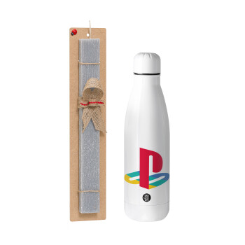 Playstation, Easter Set, metallic stainless thermos bottle (500ml) & scented flat Easter candle (30cm) (GRAY)