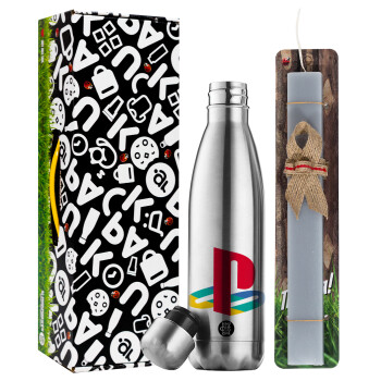 Playstation, Easter Set, metallic stainless thermos flask (500ml) & scented flat Easter candle (30cm) (GRAY)