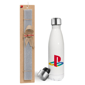 Playstation, Πασχαλινή λαμπάδα, μεταλλικό παγούρι θερμός λευκός (500ml) & λαμπάδα αρωματική πλακέ (30cm) (ΓΚΡΙ)