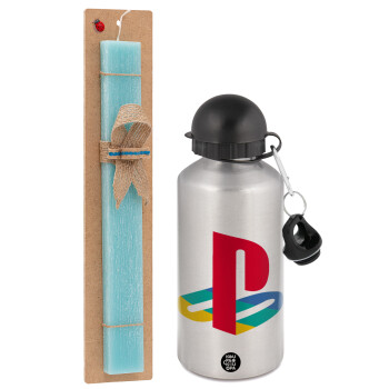 Playstation, Πασχαλινό Σετ, παγούρι μεταλλικό Ασημένιο αλουμινίου (500ml) & πασχαλινή λαμπάδα αρωματική πλακέ (30cm) (ΤΙΡΚΟΥΑΖ)