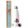 Easter Set, metallic stainless steel water bottle (750ml) & aromatic flat Easter candle (30cm) (TURQUOISE)