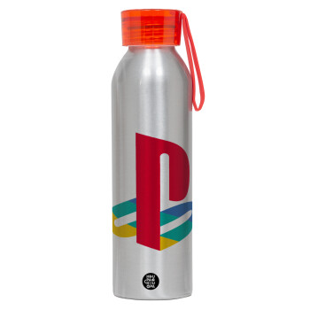 Playstation, Αλουμινένιο Αθλητικό Μπουκάλι 650ml – Ασημί με Κόκκινο Καπάκι και Λουράκι Σιλικόνης