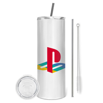 Playstation, Eco friendly ποτήρι θερμό (tumbler) από ανοξείδωτο ατσάλι 600ml, με μεταλλικό καλαμάκι & βούρτσα καθαρισμού