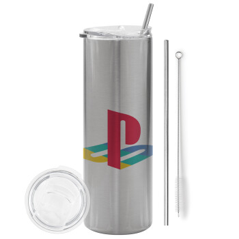 Playstation, Eco friendly ποτήρι θερμό Ασημένιο (tumbler) από ανοξείδωτο ατσάλι 600ml, με μεταλλικό καλαμάκι & βούρτσα καθαρισμού