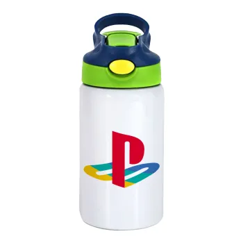 Playstation, Children's hot water bottle, stainless steel, with safety straw, green, blue (350ml)