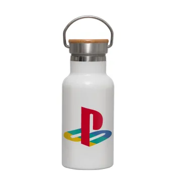 Playstation, Μεταλλικό παγούρι θερμός (Stainless steel) Λευκό με ξύλινο καπακι (bamboo), διπλού τοιχώματος, 350ml