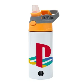 Playstation, Children's hot water bottle, stainless steel, with safety straw, Orange/Grey (360ml) BPA-FREE