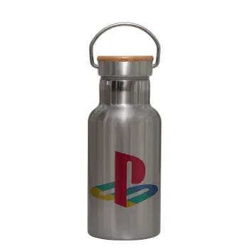 Playstation, Μεταλλικό παγούρι θερμός (Stainless steel) Ασημένιο με ξύλινο καπακι (bamboo), διπλού τοιχώματος, 350ml