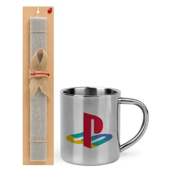 Playstation, Easter Set, metallic thermal cup (300ml) & Easter aromatic flat candle (30cm) (GRAY)