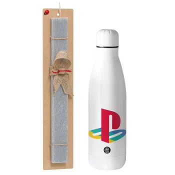 Playstation, Easter Set, metallic stainless thermos bottle (500ml) & scented flat Easter candle (30cm) (GRAY)