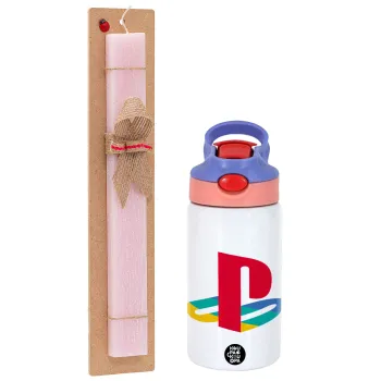 Playstation, Easter Set, Children's thermal stainless steel water bottle with safety straw, pink/purple (350ml) & Easter scented flat candle (30cm) (PINK)