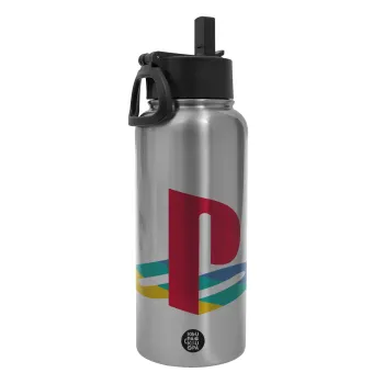 Playstation, Μεταλλικό παγούρι θερμός Silver με καλαμάκι και χερούλι (Stainless steel), διπλού τοιχώματος, 950ml