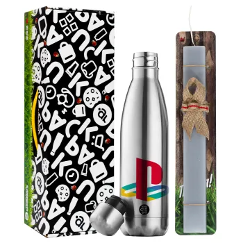 Playstation, Easter Set, metallic stainless thermos flask (500ml) & scented flat Easter candle (30cm) (GRAY)