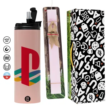Playstation, Easter candle,Travel Tumbler 2 Lids, with metal straw & cleaning brush & aromatic flat candle (30cm) (PINK)