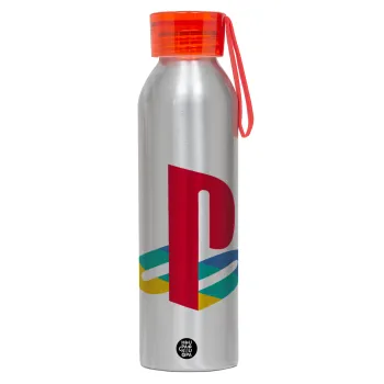 Playstation, Αλουμινένιο Αθλητικό Μπουκάλι 650ml – Ασημί με Κόκκινο Καπάκι και Λουράκι Σιλικόνης