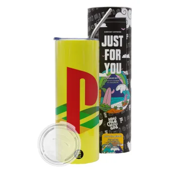 Playstation, Neon Yellow Travel Tumbler θερμό, μεταλλικό καλαμάκι(Ανωξείδωτο 304 Food grade, BPA free, 600ml)